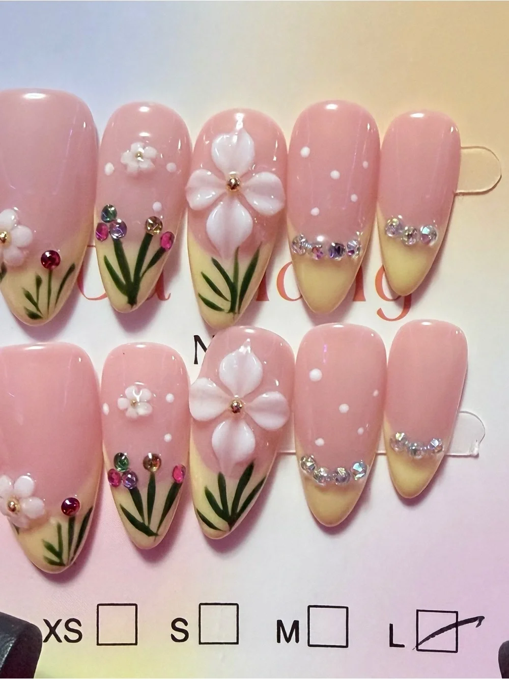 Elegant Pink Floral Press-On Nail Set with Yellow Tips